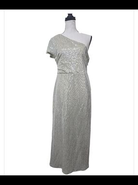 NWT JM Studio Metallic Silver Sequined One Shoulder Maxi Dress Event Glam Sz 6